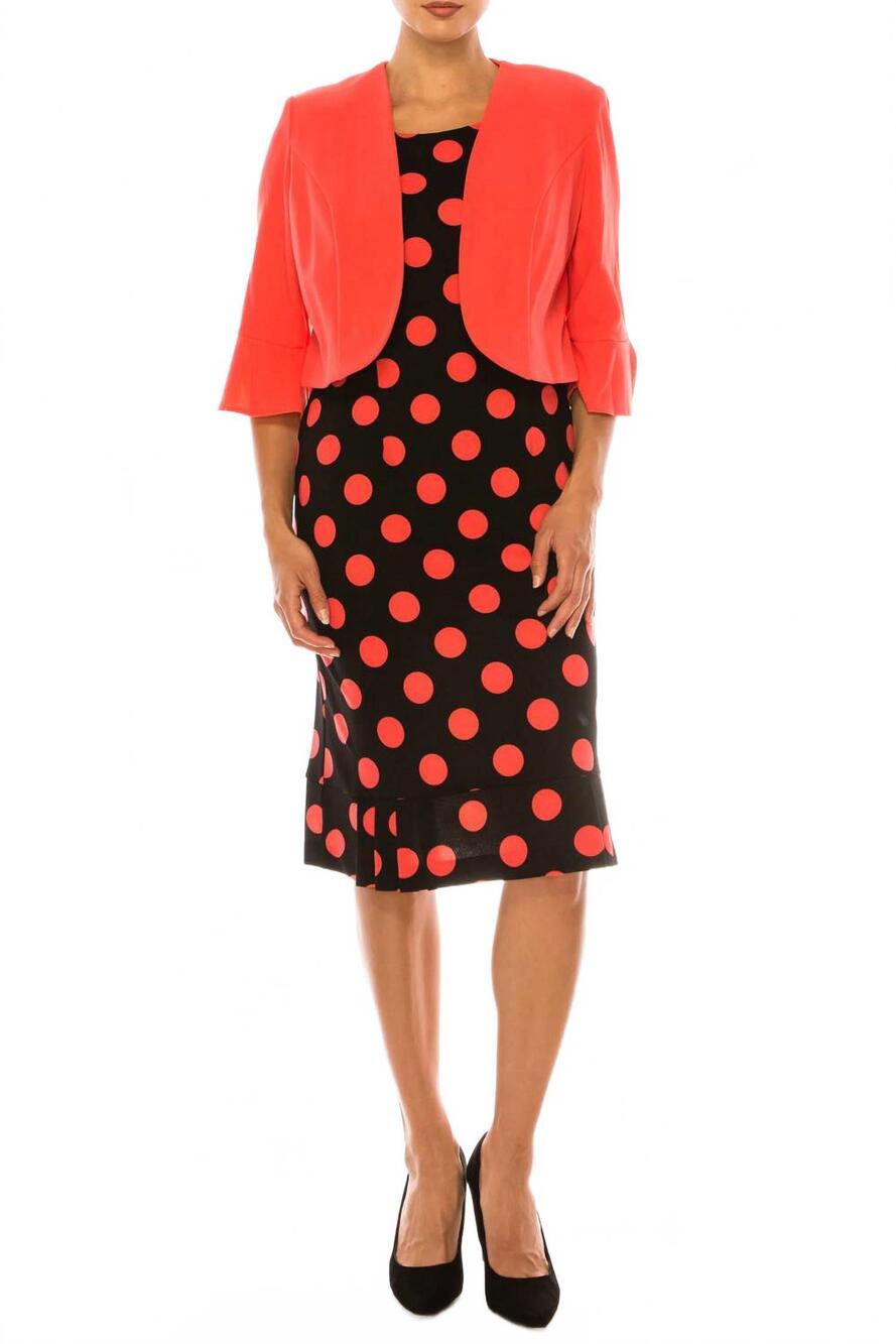 NEW MAYA BROOKE polka dot pleated hem jacket dress in coral black